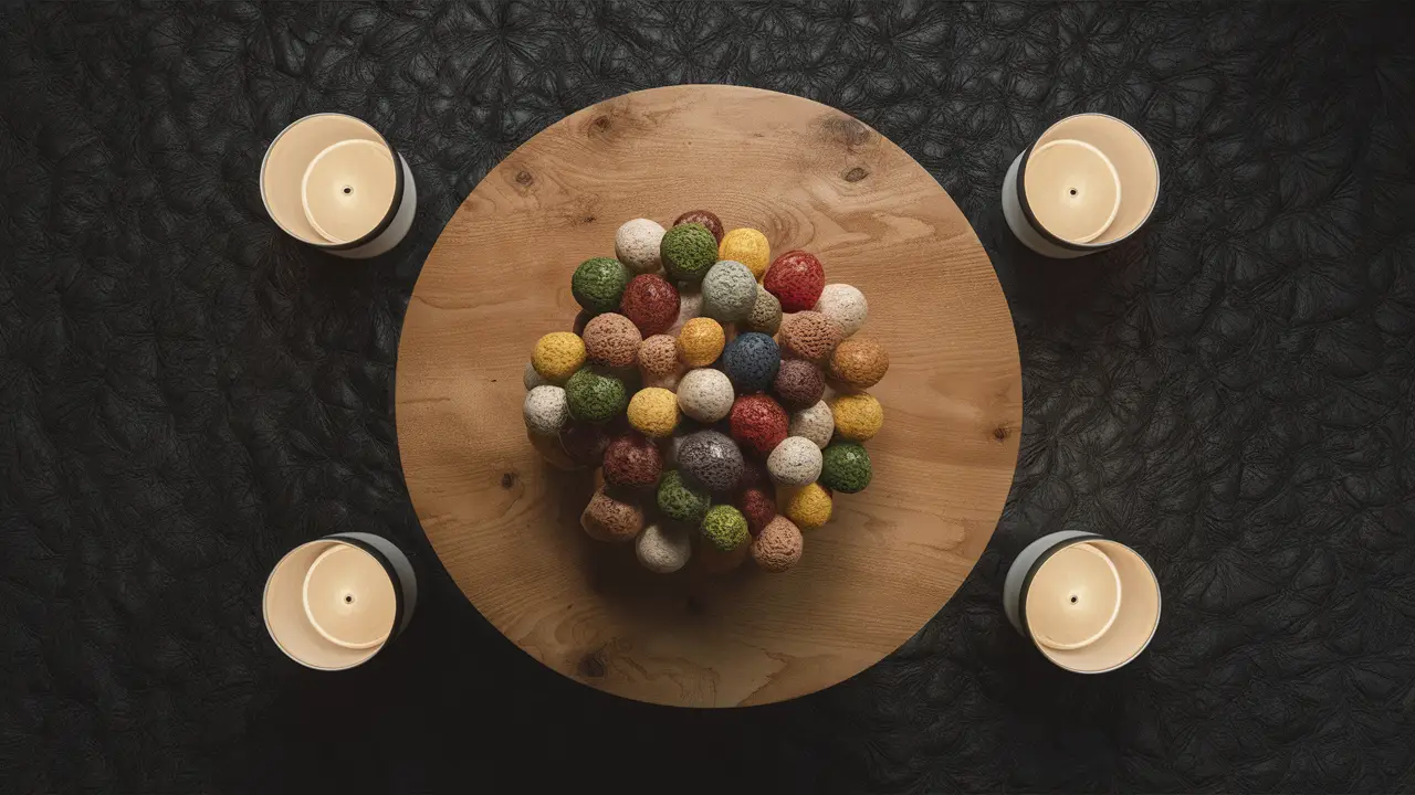 Mesa de madeira com búzios coloridos e velas acesas em fundo escuro.