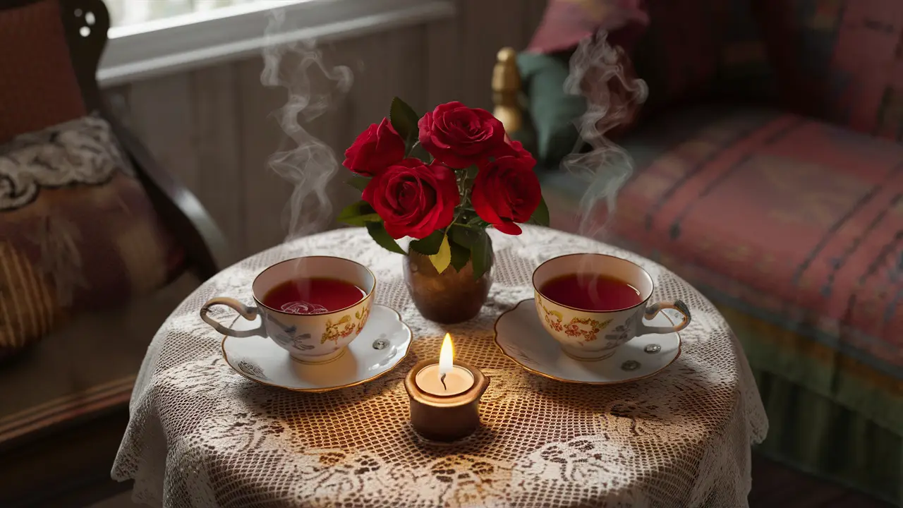 Mesa com duas xícaras de chá, vaso de rosas vermelhas e vela acesa sobre toalha de renda.