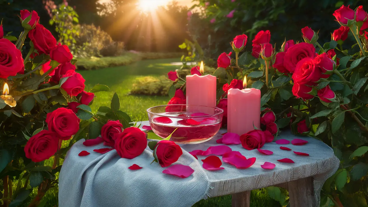 Mesa de madeira com rosas vermelhas, velas cor-de-rosa e tigela de vidro com pétalas de rosa em um jardim ao pôr-do-sol.