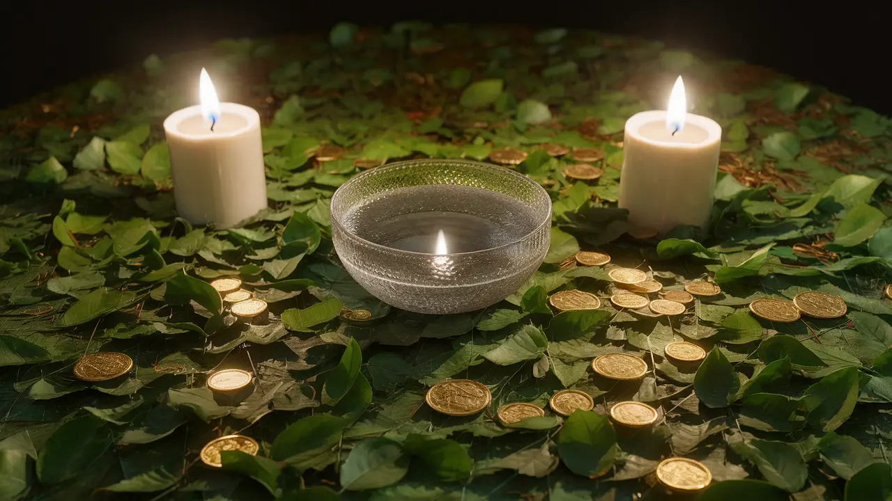 Folhas verdes, moedas douradas e uma tigela de vidro com água, cercadas por velas brancas acesas em uma mesa.