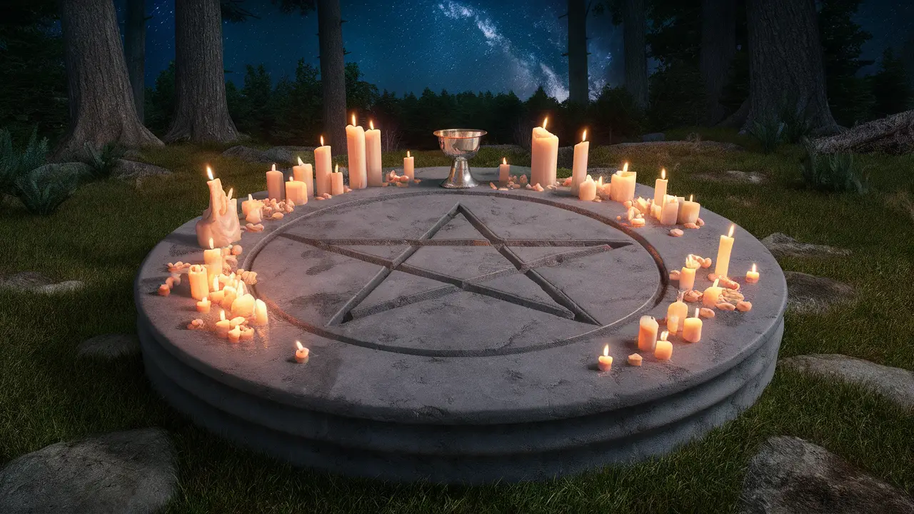 Altar de pedra circular em clareira florestal com símbolo de pentagrama, velas acesas e cálice prateado sob céu estrelado.