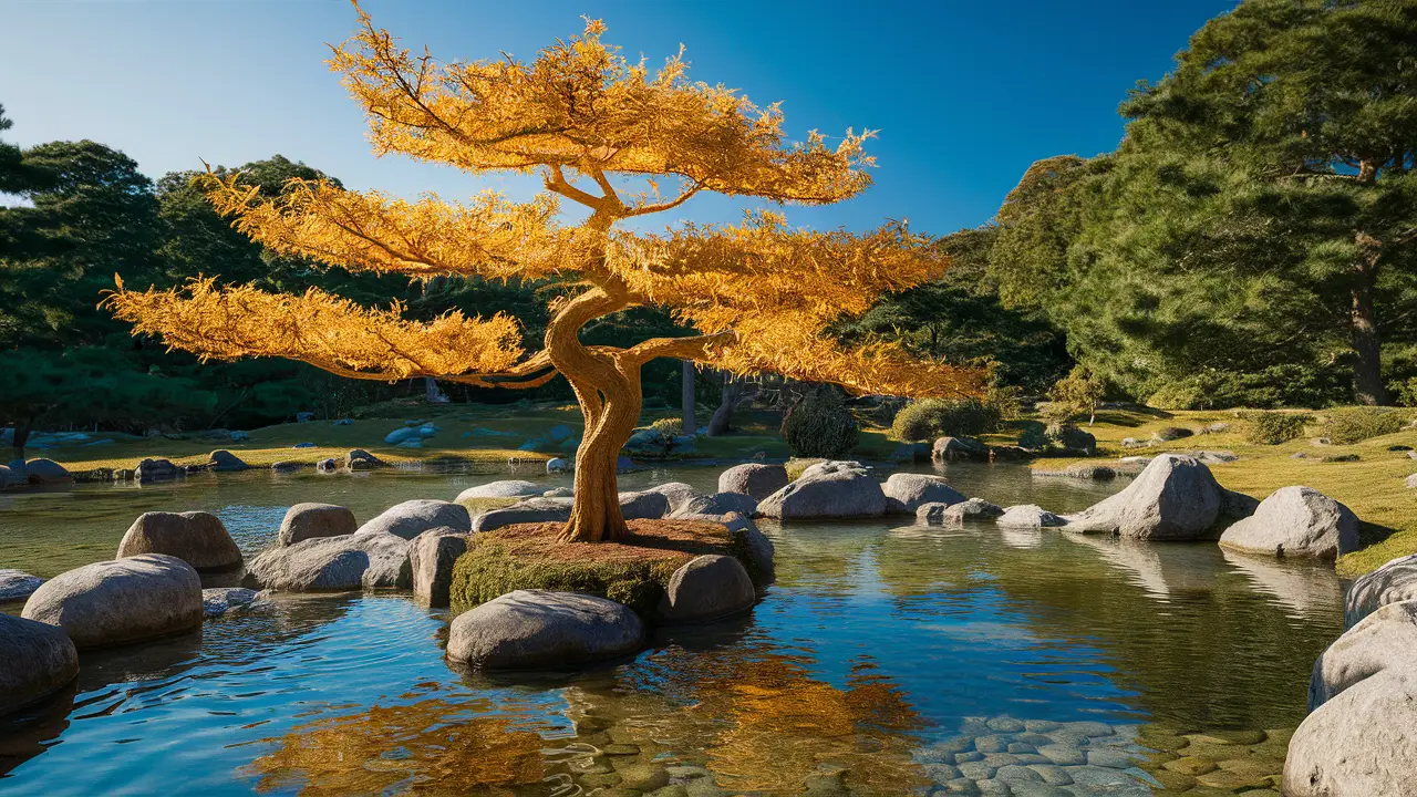 Árvore dourada em jardim Zen com lagoa clara e pedras lisas sob céu azul sereno.