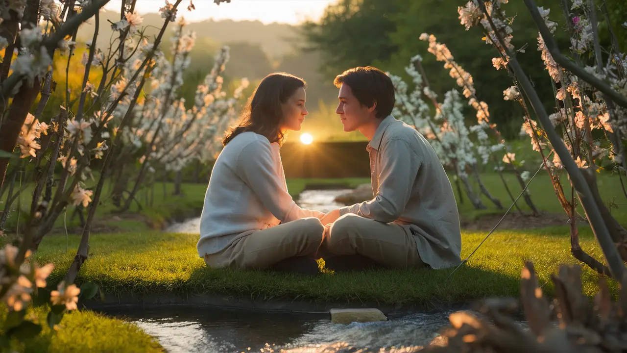 Casal sentado em um jardim ao pôr do sol, cercado por flores e um riacho, com luz dourada suave nos rostos.