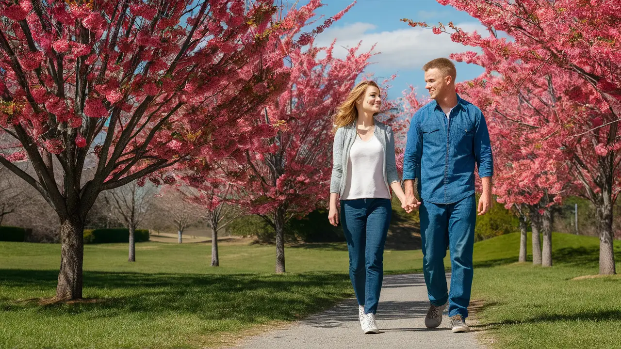 Casal andando de mãos dadas em um parque com cerejeiras florescendo e céu azul claro.