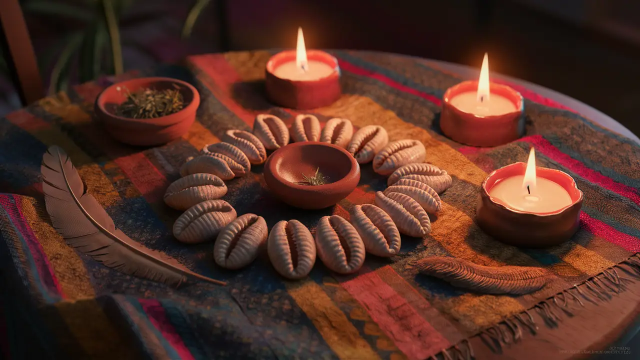 Conchas de búzios dispostas em círculo em mesa de madeira com velas acesas, tigela de ervas e pena ao lado.