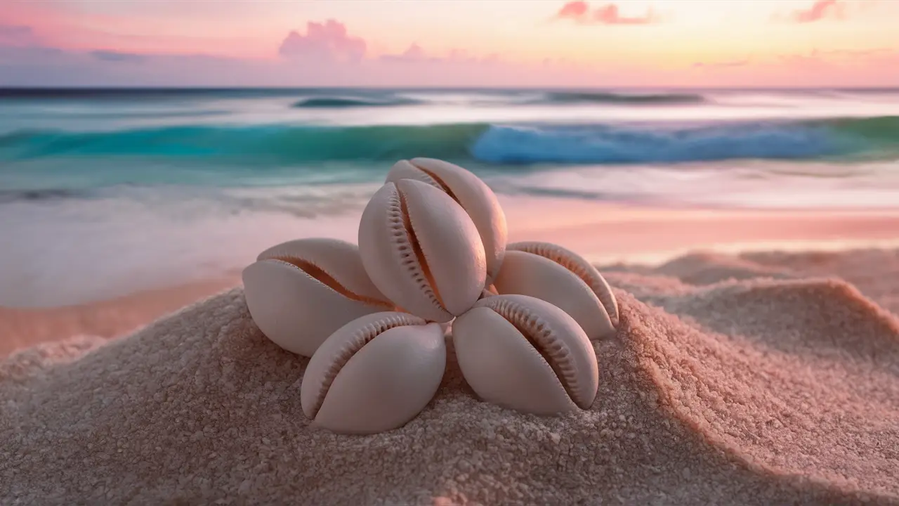 Conchas de búzios ornamentadas na areia da praia ao pôr do sol com ondas suaves e céu colorido.