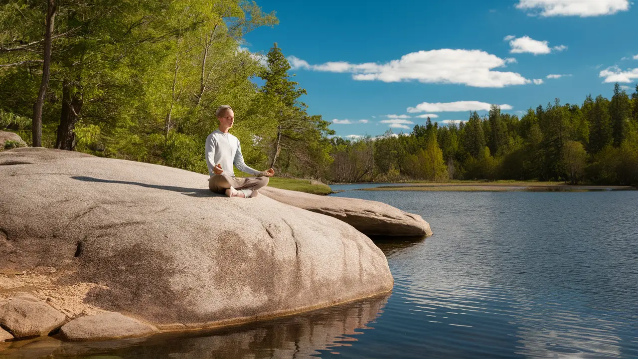 Pessoa meditando em uma grande pedra ao lado de um lago sereno, cercada por árvores verdes e céu azul claro.