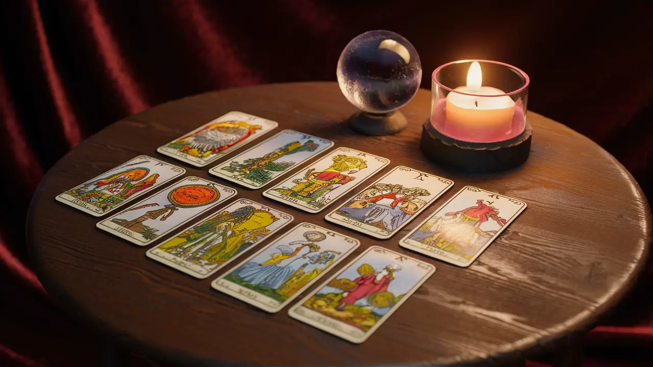 Cartas de tarô coloridas em uma mesa de madeira com bola de cristal e vela acesa ao lado.