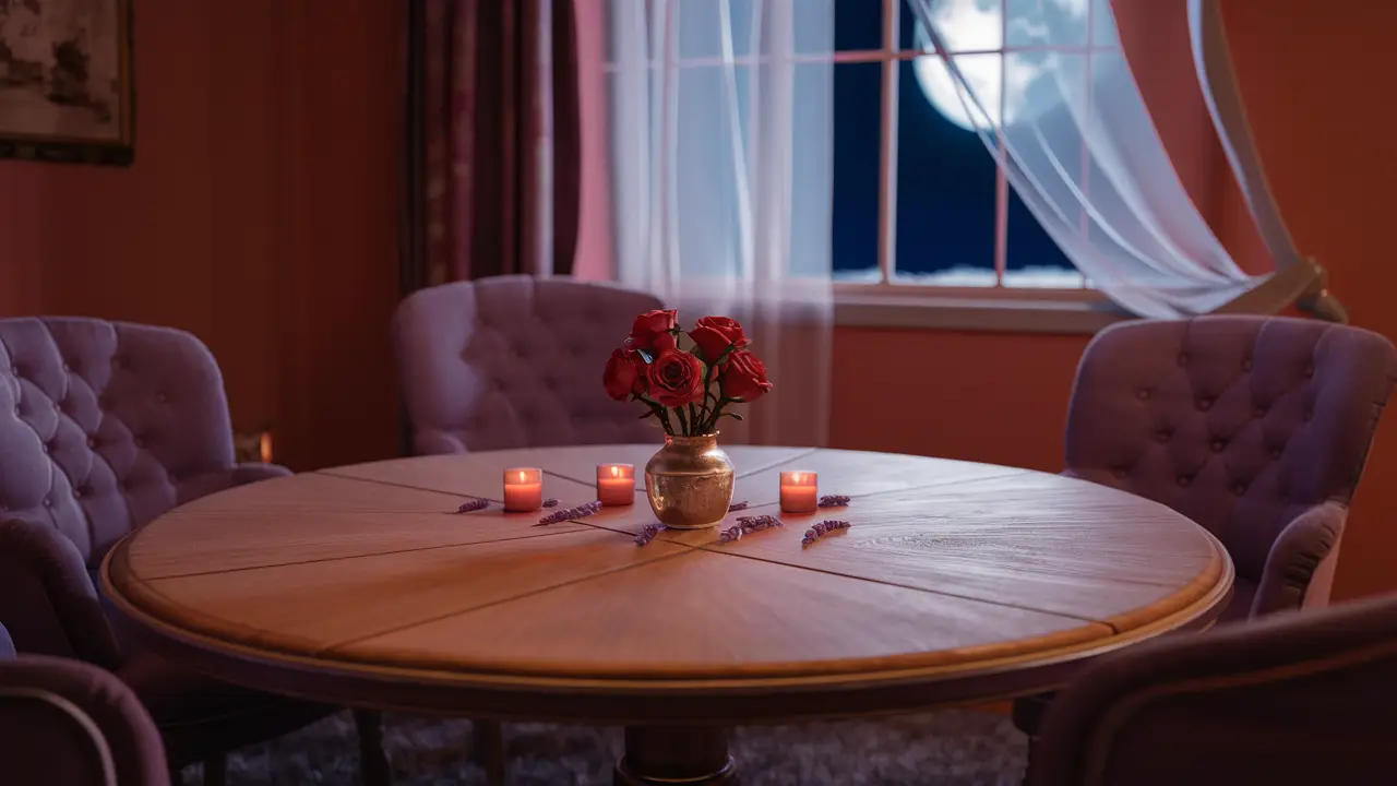 Mesa redonda com flores vermelhas e velas de lavanda em uma sala iluminada, com cadeiras roxas ao redor.