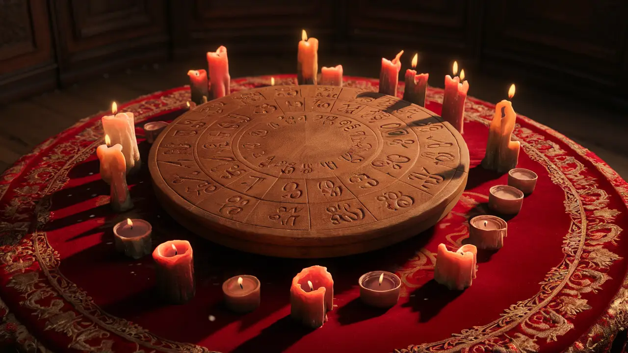 Mesa circular de madeira com números entalhados, cercada por velas de diferentes alturas e cores, sobre toalha de veludo vermelho.