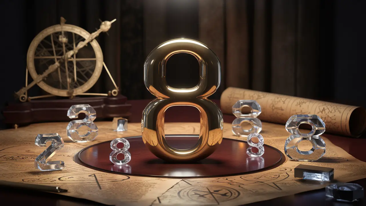 Número oito dourado em uma mesa de madeira, rodeado por números menores de cristal e prata, com astrolábio ao fundo.