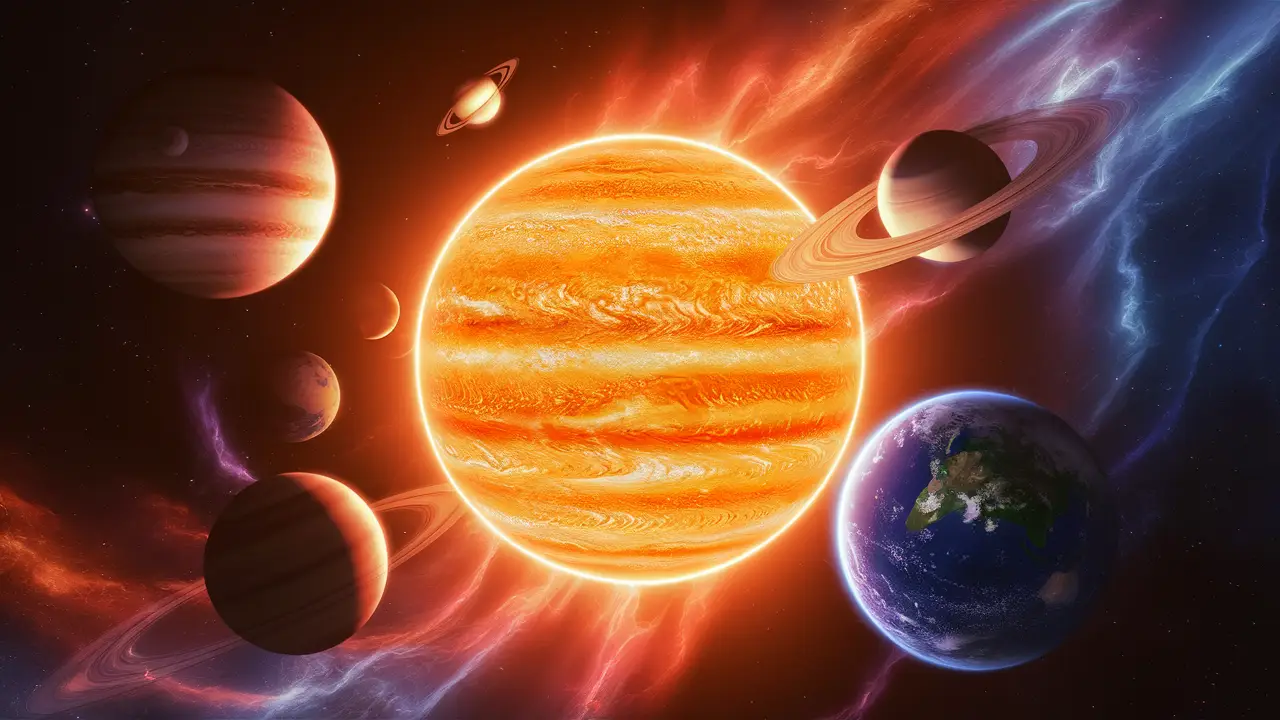 Sol brilhante central com planetas, incluindo Júpiter com mancha vermelha e Saturno com anéis, em espaço cósmico estrelado.