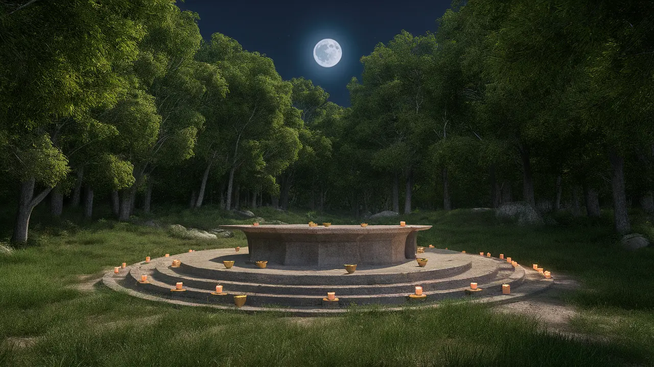 Clareira em floresta com altar de pedra circular, tigelas douradas, velas e lua cheia no céu noturno.
