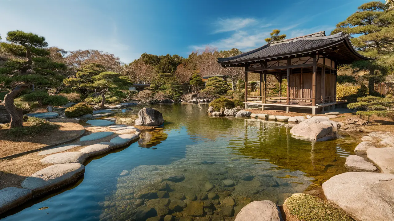Jardim japonês com lagoa de carpas, caminhos de pedra, árvores de bonsai e pavilhão de bambu sob céu azul.