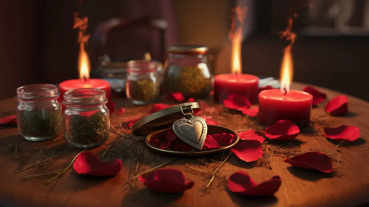 Mesa com frascos de ervas, velas vermelhas acesas e um medalhão em forma de coração entre pétalas de rosa.