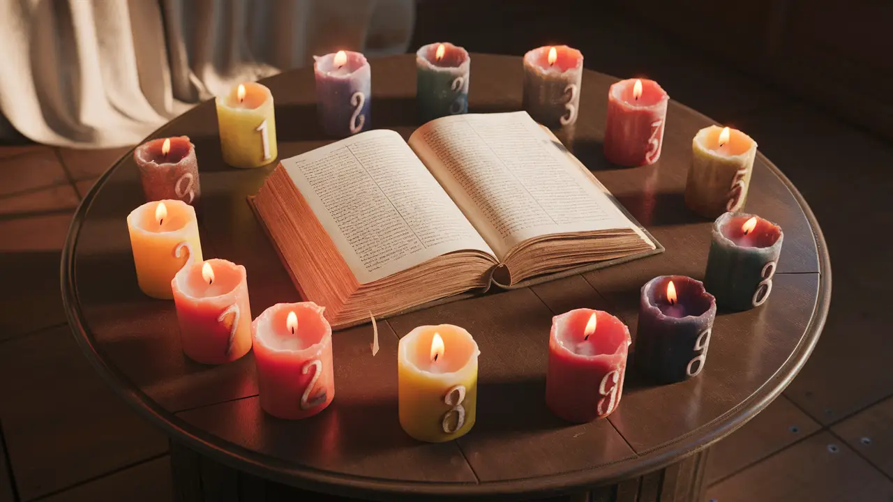 Mesa redonda de madeira com livro aberto e velas numeradas ao redor iluminada suavemente.