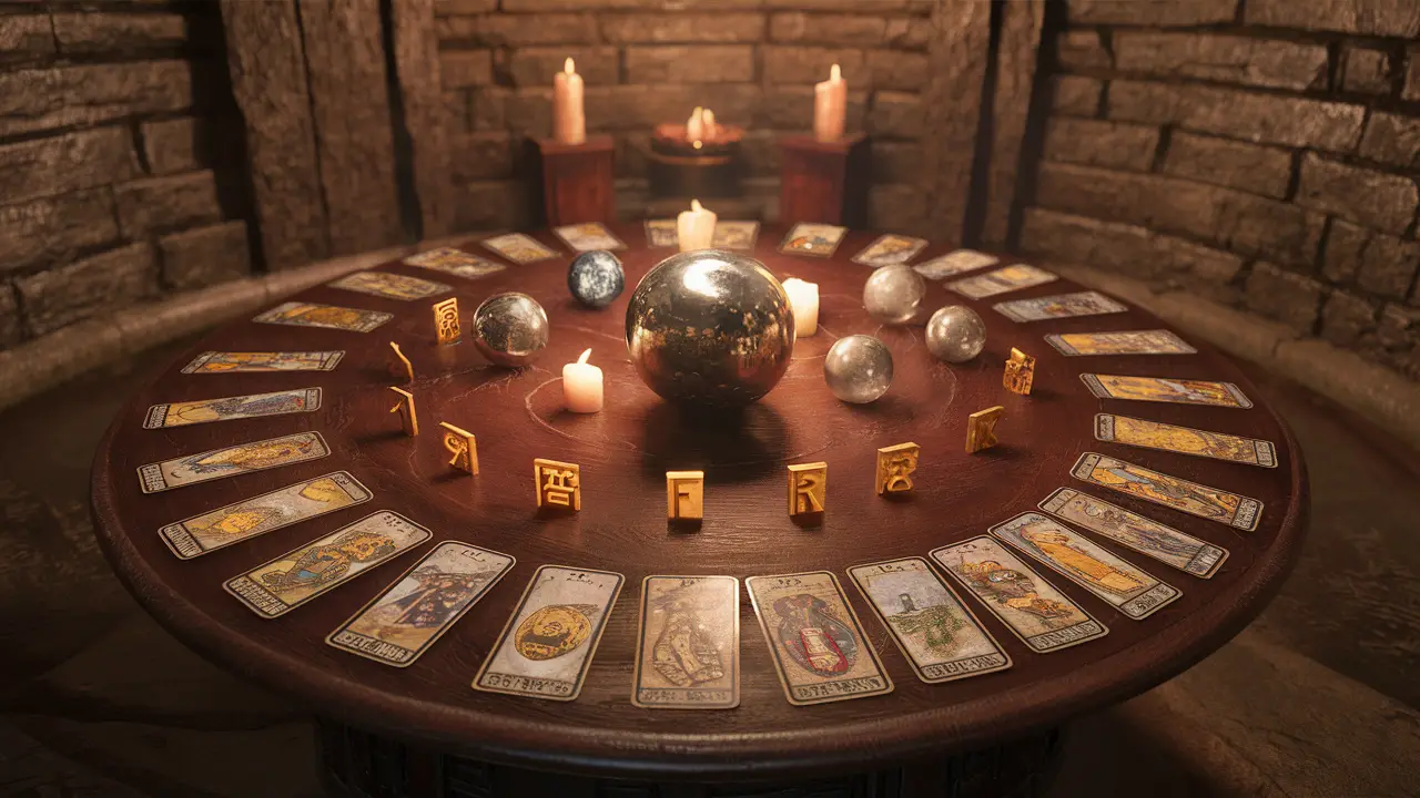 Vários oráculos como cartas de tarot, bolas de cristal, runas e moedas I Ching em uma mesa de madeira sob luz de velas.