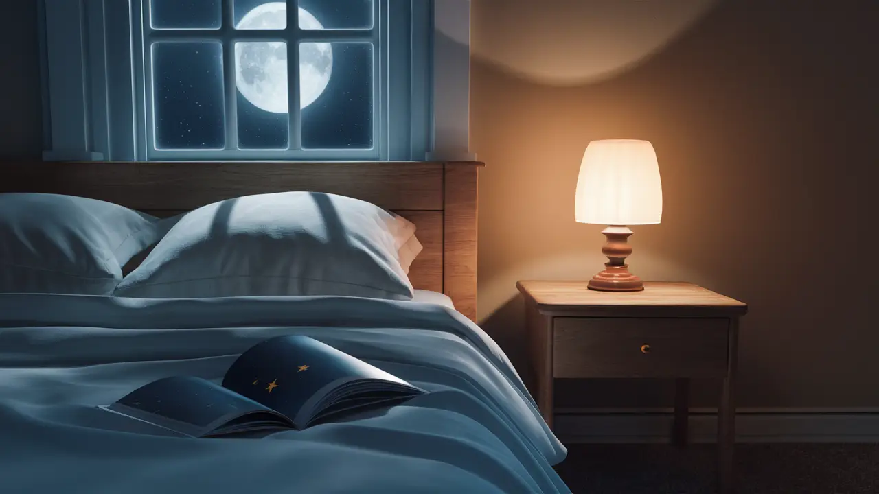 Quarto tranquilo à noite com lua iluminando cama arrumada, abajur aceso e livro aberto com ilustração do céu noturno.