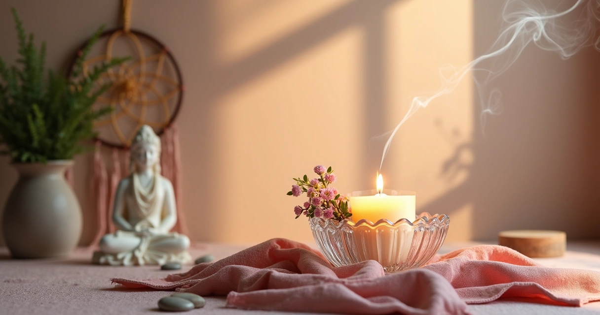 Altar espiritual em casa com vela, flores frescas, estátua e símbolos de natureza em um ambiente tranquilo e acolhedor.