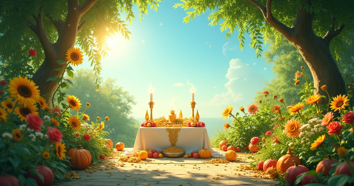 Altar for prosperity in a garden filled with colorful flowers and candles, illuminated by sunlight.
