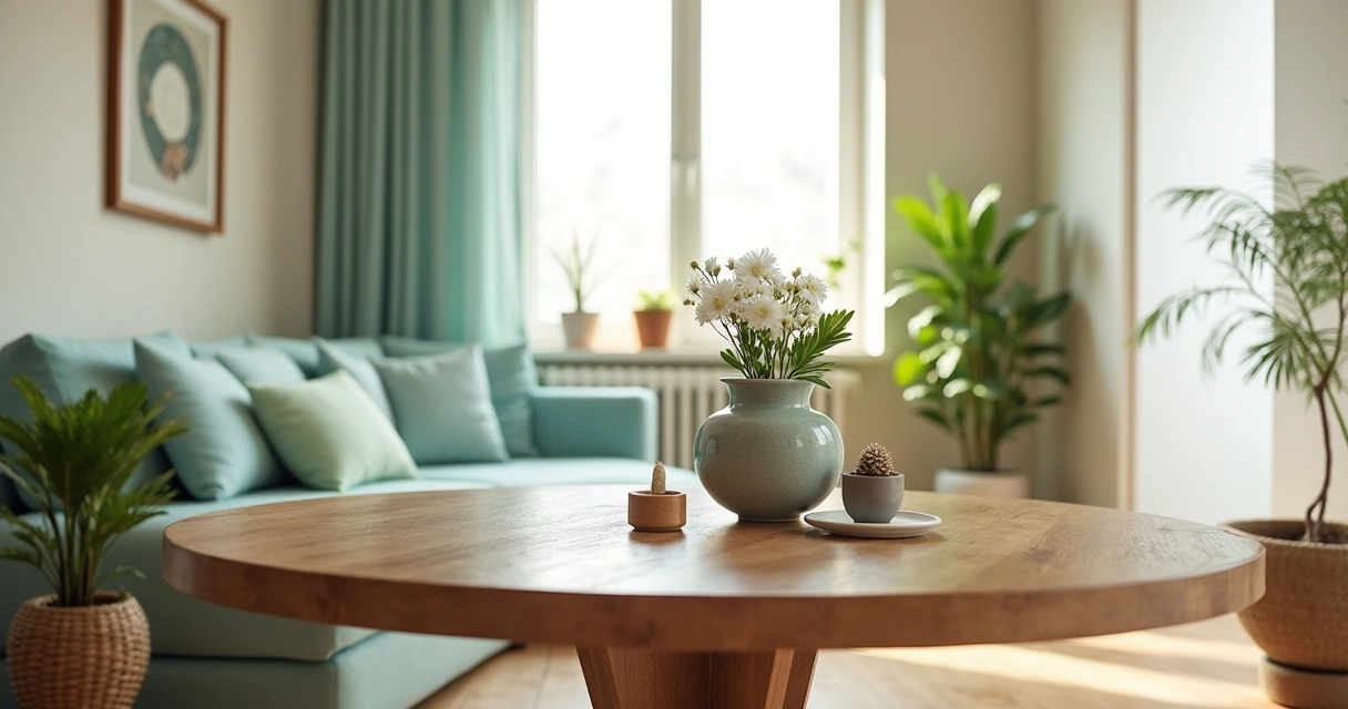 Ambiente harmonizado com Feng Shui, incluindo mesa de madeira, plantas verdes e fonte de água.