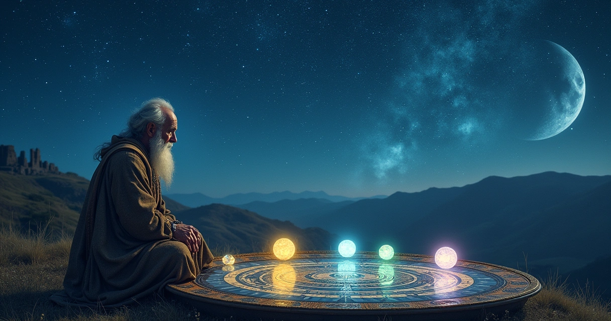 Um sábio olhando um astrolábio sob um céu noturno repleto de constelações e signos do zodíaco iluminados.