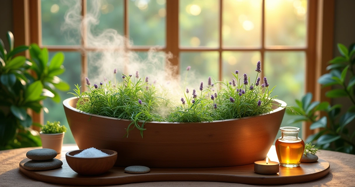 Cena de um banho de ervas com uma banheira, ervas frescas e ingredientes naturais em um ambiente de spa relaxante.