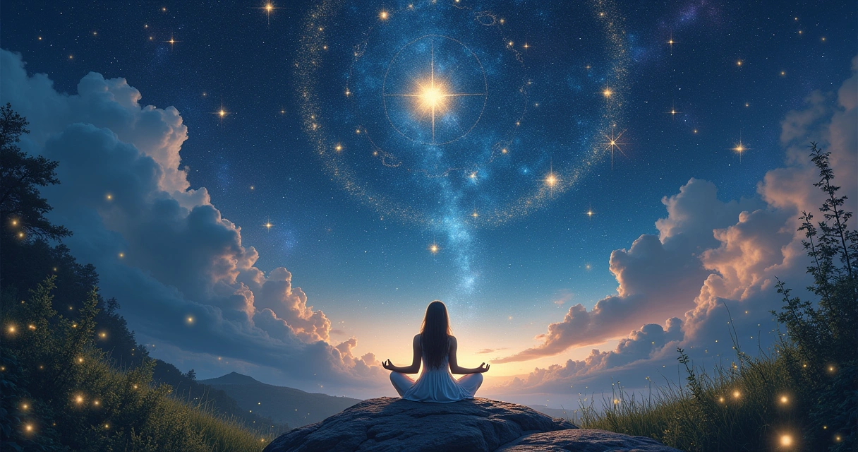 Mulher meditando em um cenário etéreo com constelações zodiacais e céu estrelado.