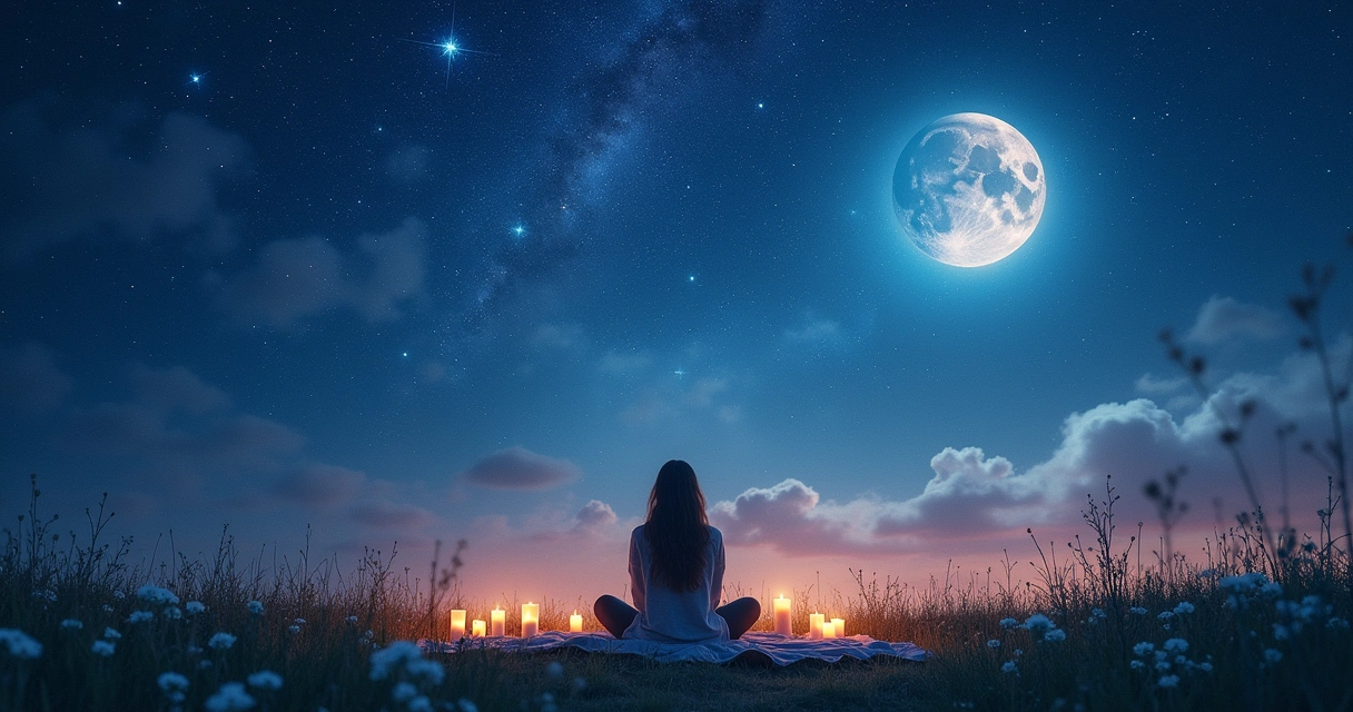 Figura meditativa sob um céu noturno estrelado, cercada por velas e flores em um campo sereno.