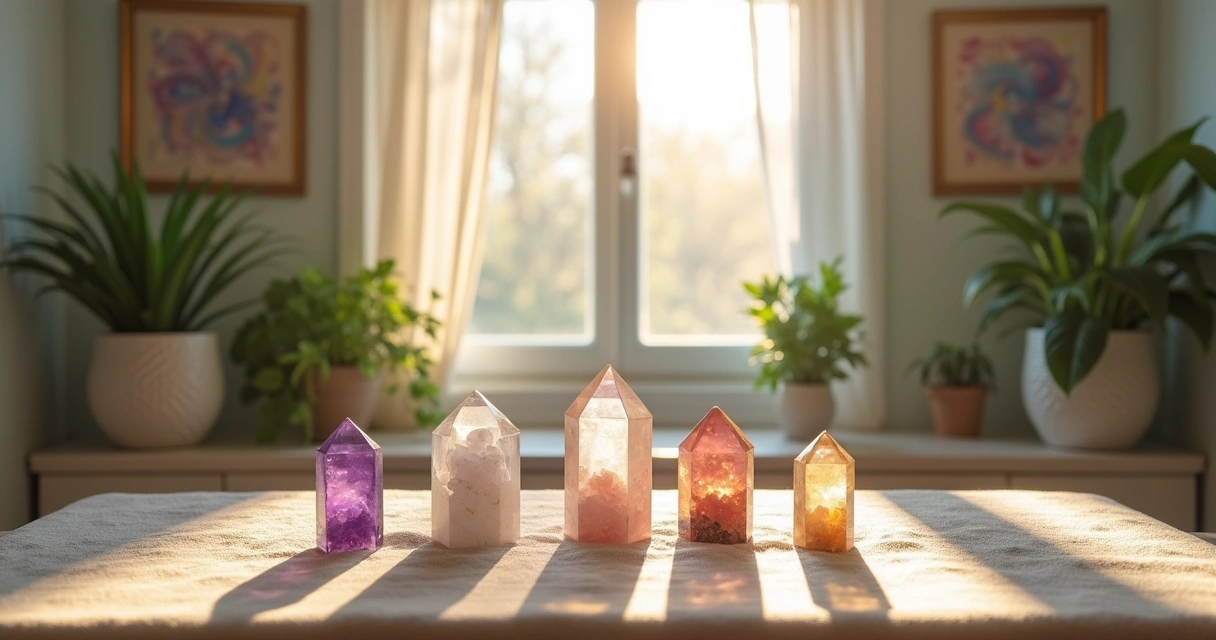 Configuração de cristais em uma sala iluminada, com plantas verdes e arte abstrata nas paredes.