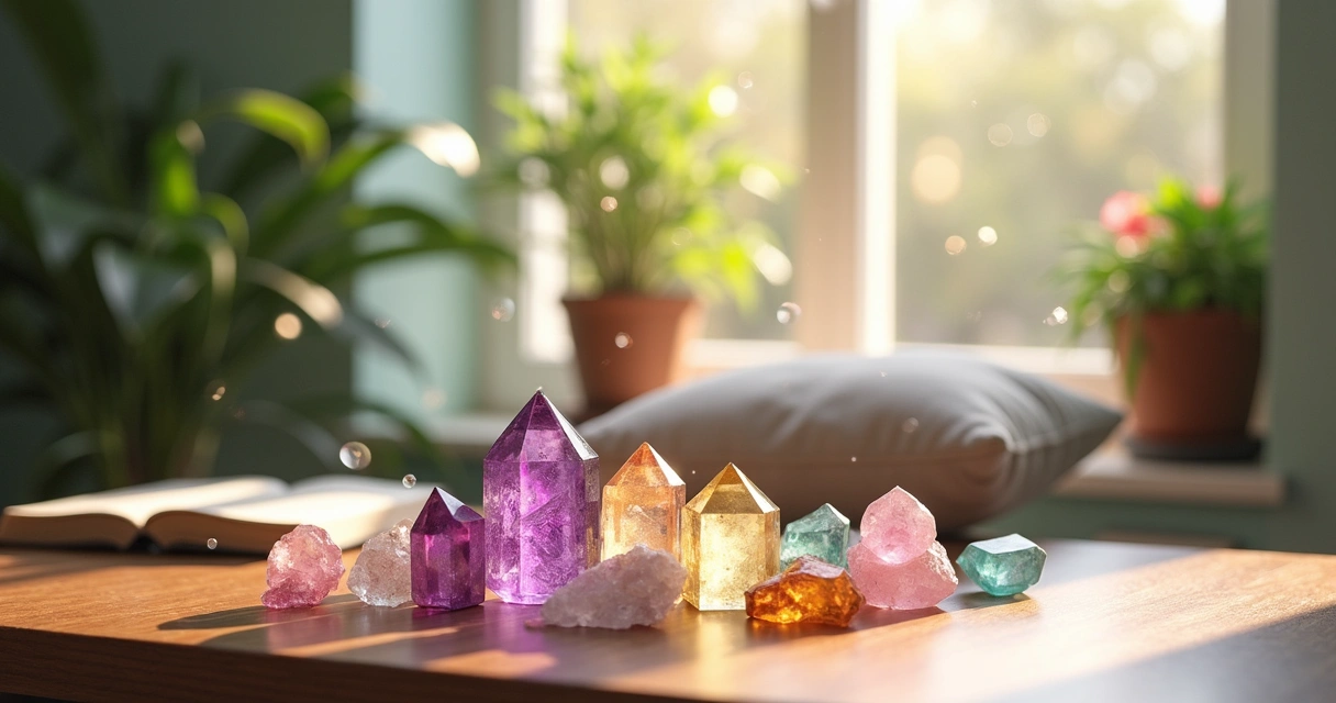 Cristais coloridos em uma mesa de madeira com luz natural, plantas ao fundo e um diário aberto.