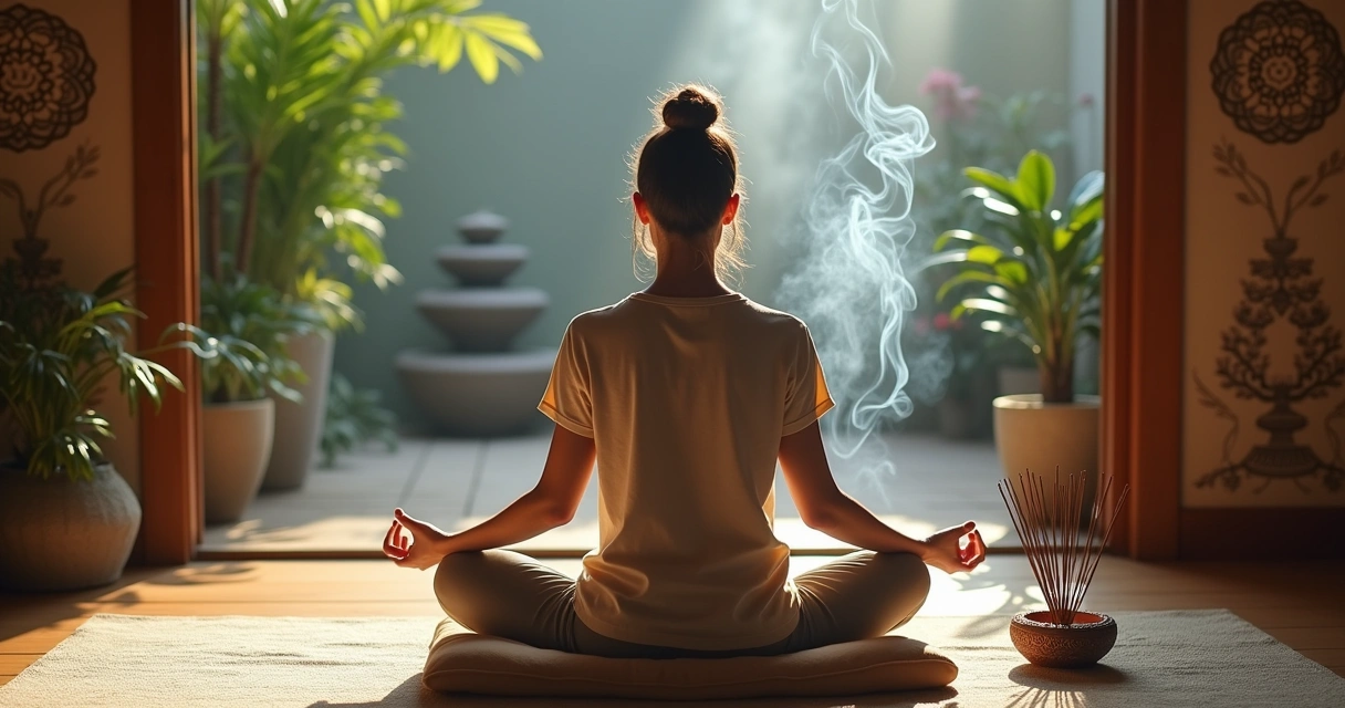 Espaço de meditação sereno com mulher sentada, incenso e plantas verdes ao fundo.