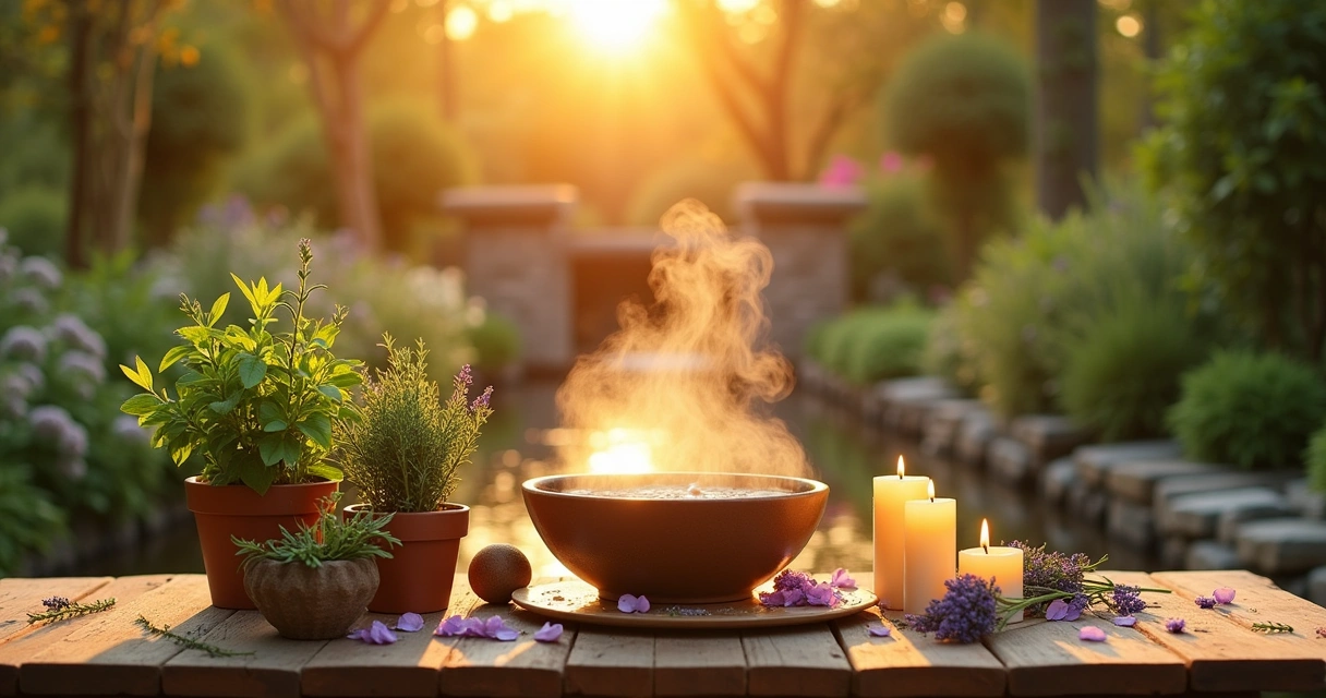 Jardim tranquilo ao pôr do sol com mesa de madeira, ervas em vaso e banho de ervas para atração.