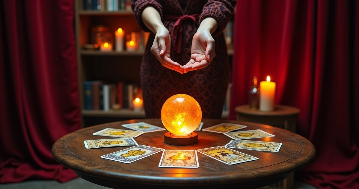 Leitura mística de tarô com cartas, cristal e velas em ambiente acolhedor.