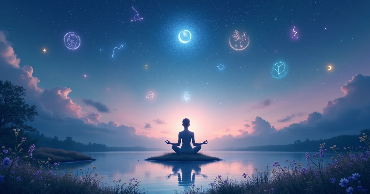 Uma cena tranquila mostrando uma figura meditando sob um céu estrelado com símbolos astrológicos.