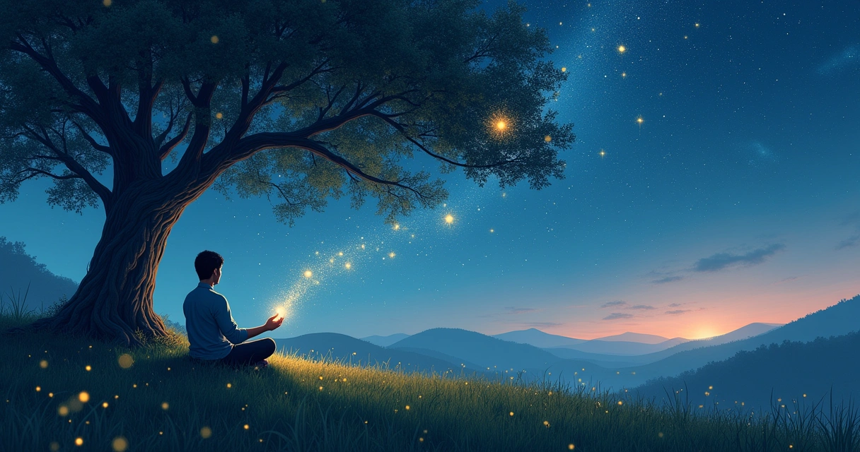 Ilustração de meditação sob estrelas, com conexão celestial e tranquilidade em um ambiente natural.