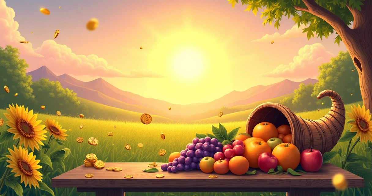 Ilustração de uma paisagem serena com uma mesa cheia de frutas em um campo verde, simbolizando abundância e prosperidade.