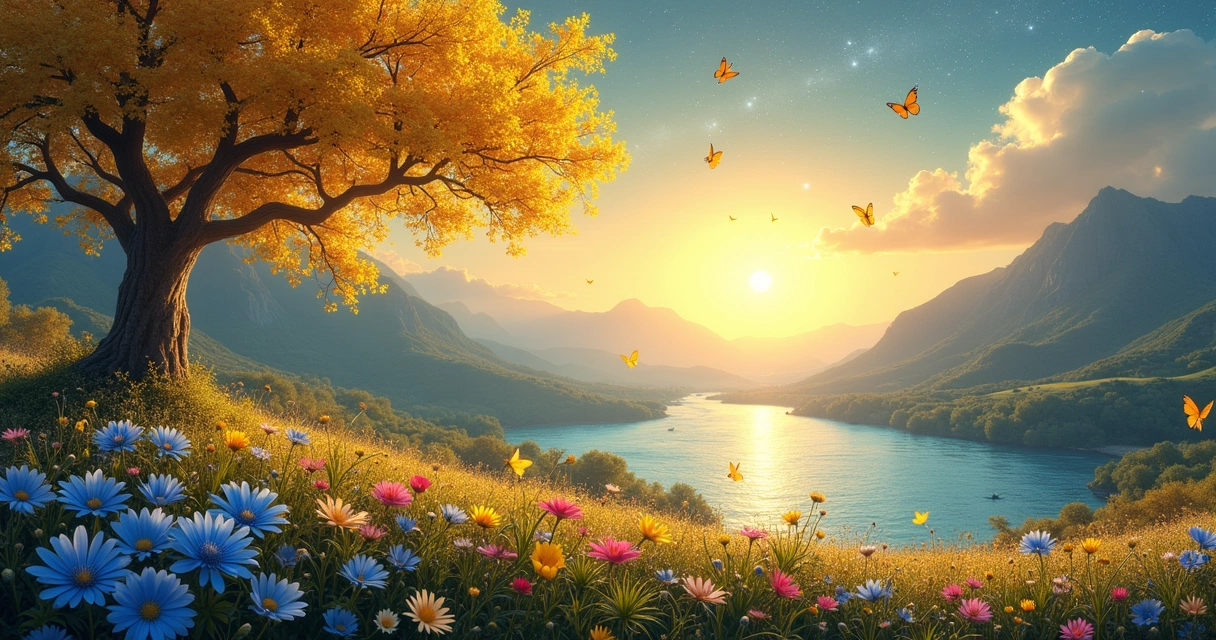 Cena mágica com uma árvore dourada, flores coloridas e um rio, simbolizando sucesso e prosperidade.