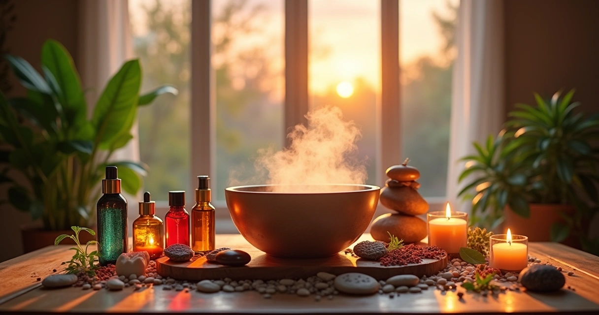 Ambiente acolhedor com produtos de banho energético, luz suave e plantas verdes na janela ao pôr do sol.