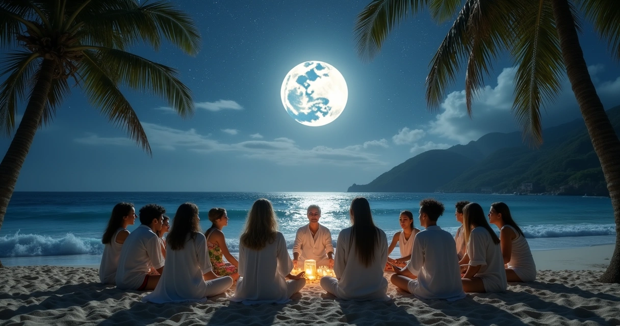 Cena noturna com grupo em círculo na praia, banhados pela luz da lua cheia e ondas suaves.