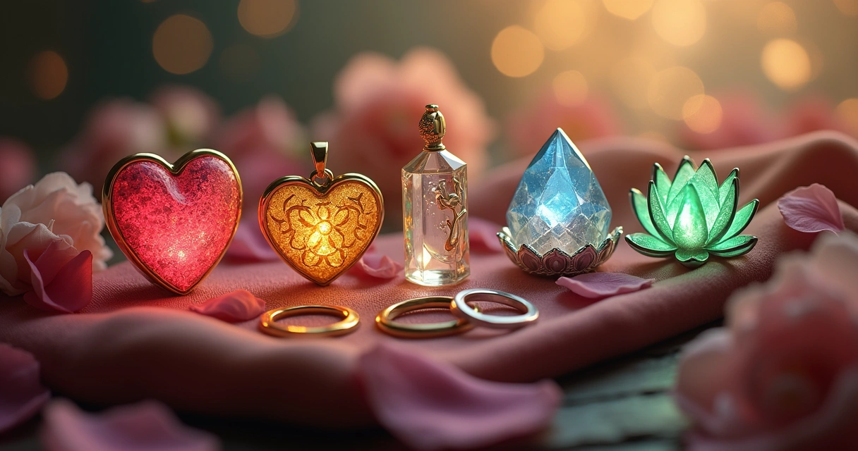 Cinco amuletos mágicos de atração e amor, cada um simbolizando diferentes aspectos do romance.