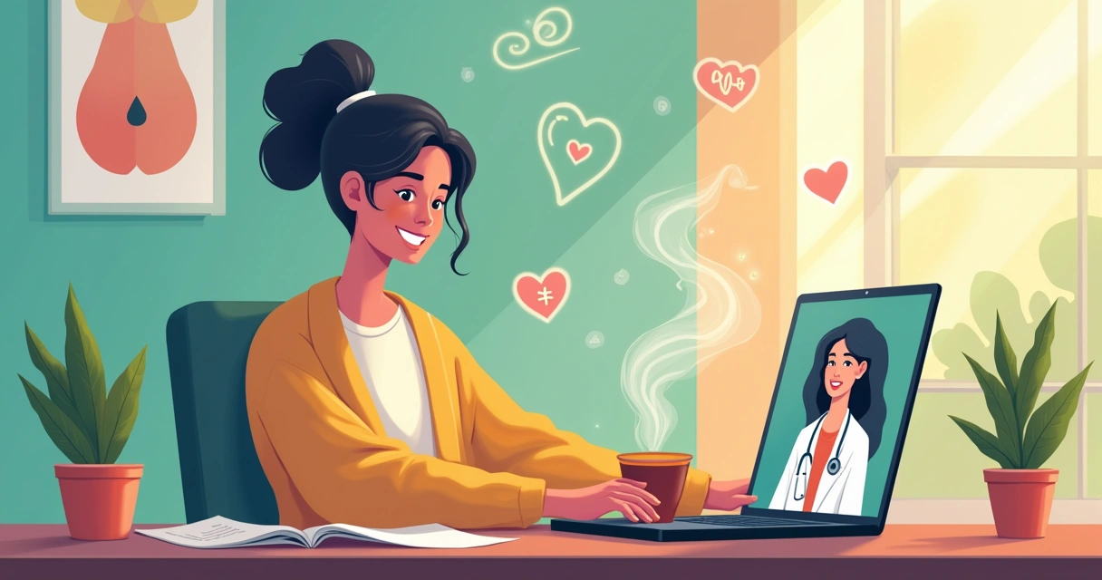 Ilustração de uma pessoa em uma consulta online em um escritório doméstico, com elementos de tranquilidade e bem-estar.