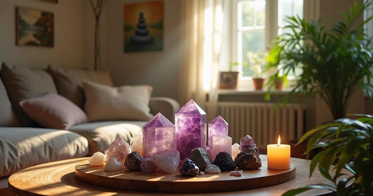Interior of a cozy living room with colorful crystals arranged beautifully on a wooden altar.