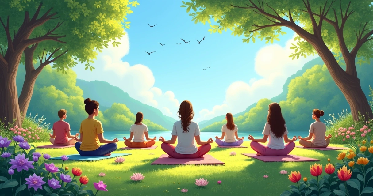 Grupo diverso de pessoas meditando em um jardim tranquilo, com flores coloridas e uma lagoa ao fundo.