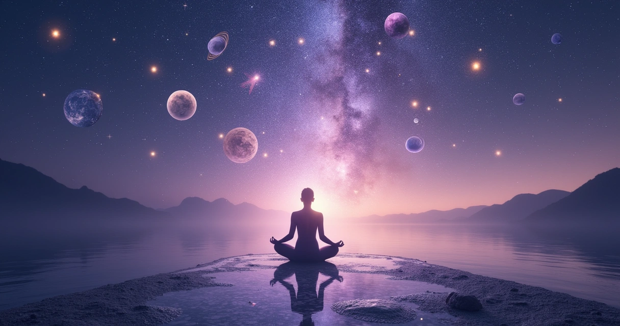 Imagem de meditação com influências astrológicas, estrelas e símbolos zodiacais em um céu sereno.