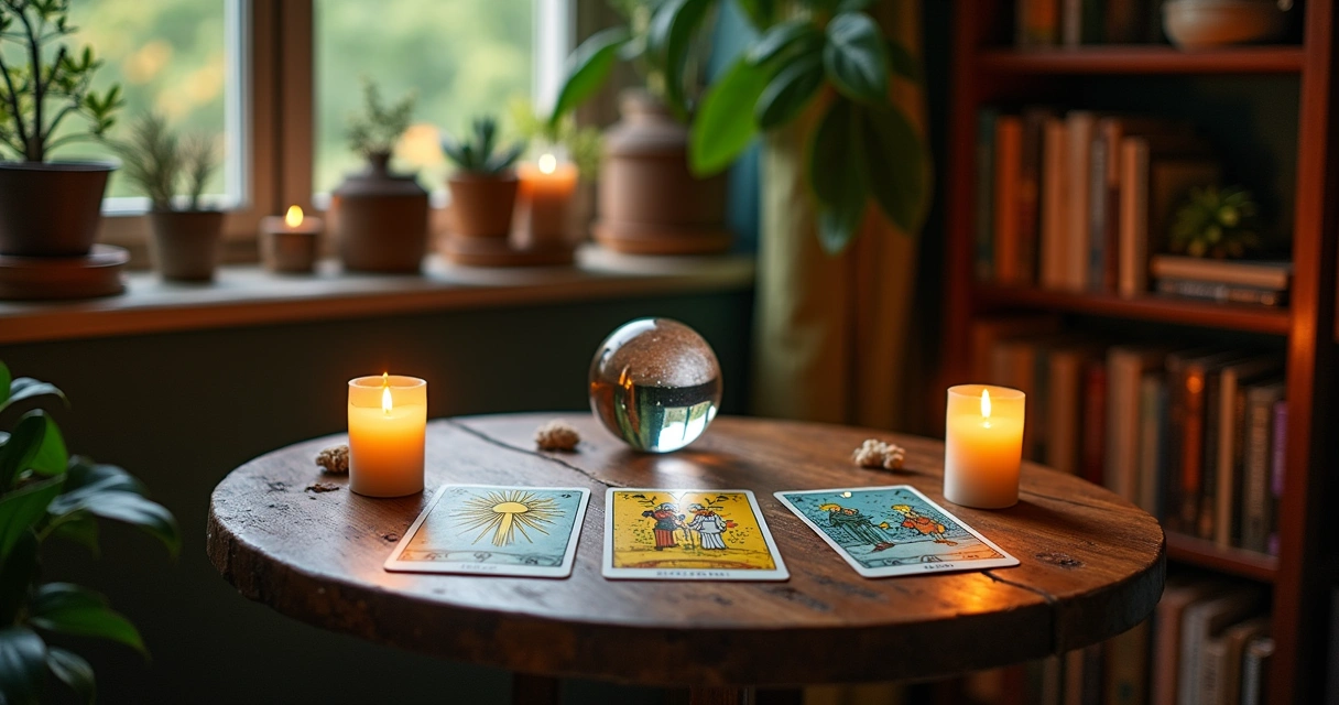 Cena de uma leitura de tarô com cartas sobre uma mesa, velas e um ambiente acolhedor e místico.