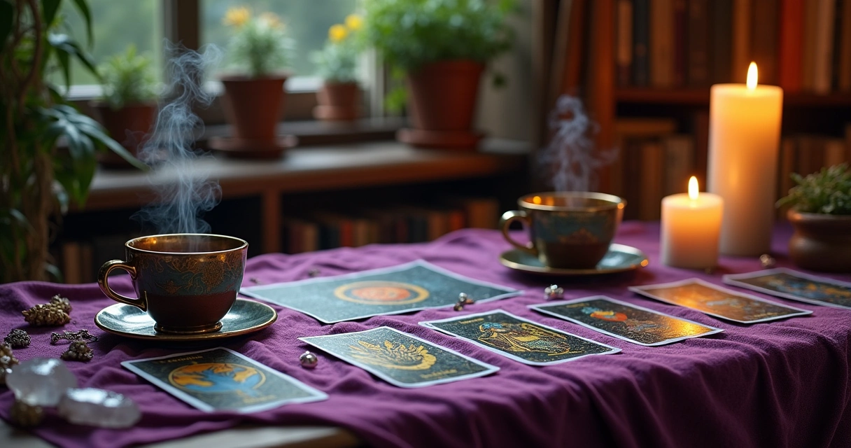 Ambiente de leitura de tarot com cartas, chá, vela e cristais sobre mesa roxa.