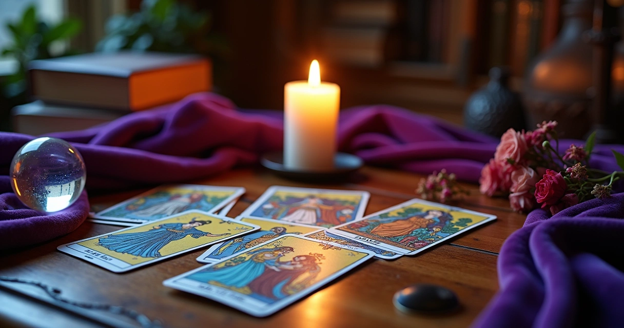Leitura de tarot com cartas, vela acesa e bola de cristal em mesa ornada com ambiente místico.