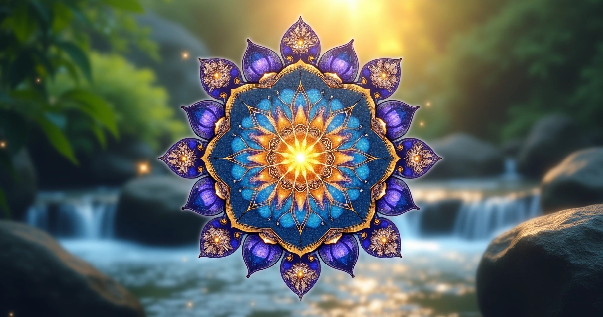 Mandala design with spiritual symbols, vibrant colors, surrounded by nature and glowing orbs of light.