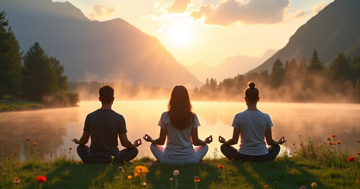 Grupo diverso meditando ao nascer do sol em um cenário sereno com montanhas e um rio ao fundo.